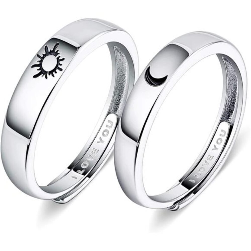 925 Silver Rings Custom Adjustable Sun and Moon Matching Rings Engraved